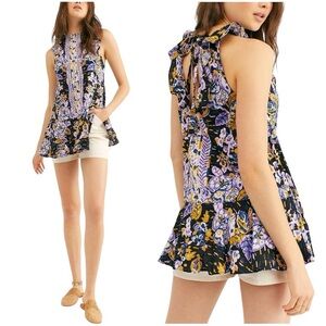 Free People Summer In Tulum Boho Linen Tunic Top Mini Dress Black Purple Medium